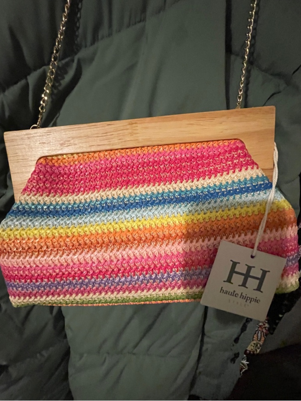Haute Hippie Pink Orange Yellow Blue Green Cream Striped Crochet Clutch